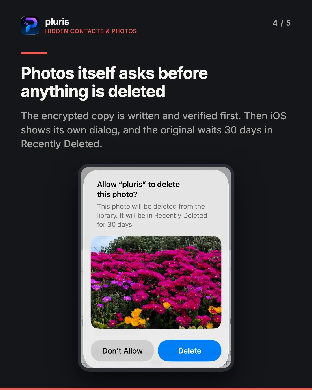 pluris hiding a photo. Headline: Photos itself asks before anything is deleted. Caption: the encrypted copy is written and verified first, then iOS shows its own dialog and the original waits 30 days in Recently Deleted. An iPhone screenshot of the system dialog Allow pluris to delete this photo? with a photo of pink flowers and the buttons Don’t Allow and Delete.